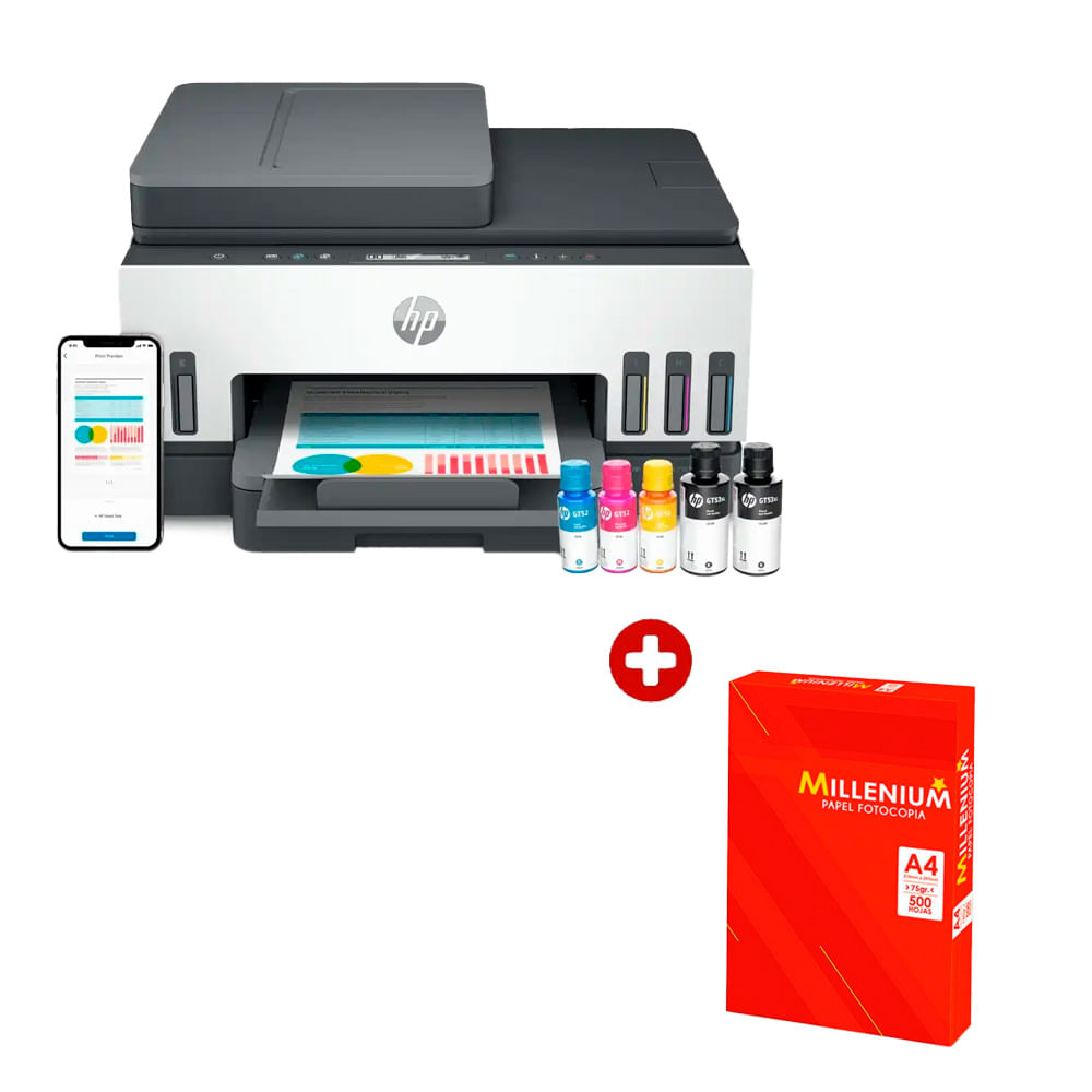 Impresora multifuncional HP Smart Tank 750, inyección de tinta, inalámbrica, Wi-Fi, con tanques recargables + papel